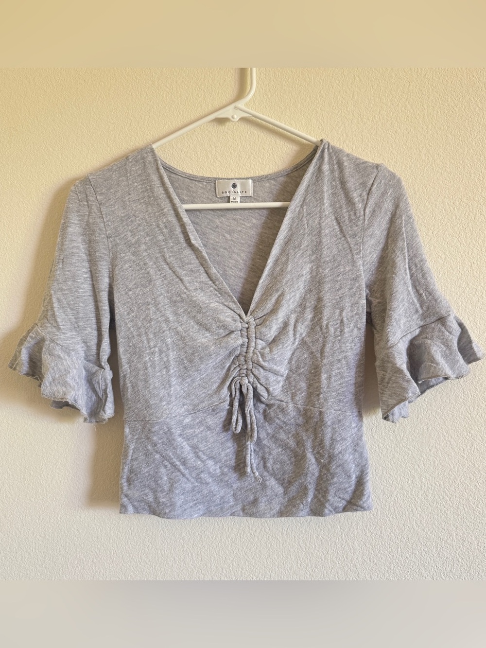 Socialite Gray Ruched Front Blouse Size Medium
